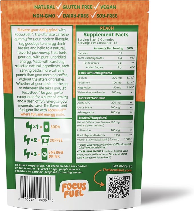 Energy Chews – Peach Flavor (15 Servings) – 100mg Caffeine + Alpha GPC+ L-Theanine + B12, Magnesium – Smooth Focus & Energy – No Crash or Jitters