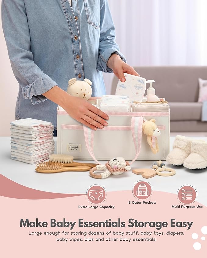 PeraBella XL Diaper Caddy Organizer With Handle, Baby Shower Gifts Basket Bag, Registry Search Must Haves Items, Newborn Girl Boy Nursery Storage Organizer, Baby Bag Essentials, Car Diaper Caddy Cart