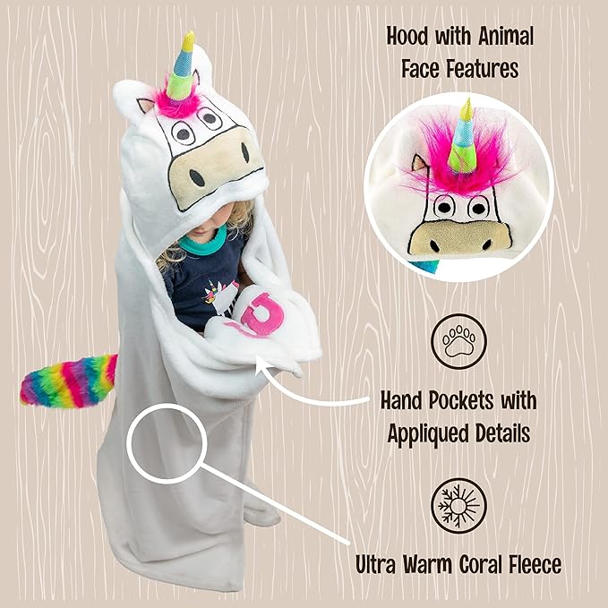 Lazy One Wearable Hooded Blanket for Kids, Animal Hooded Blanket (Unicorn)