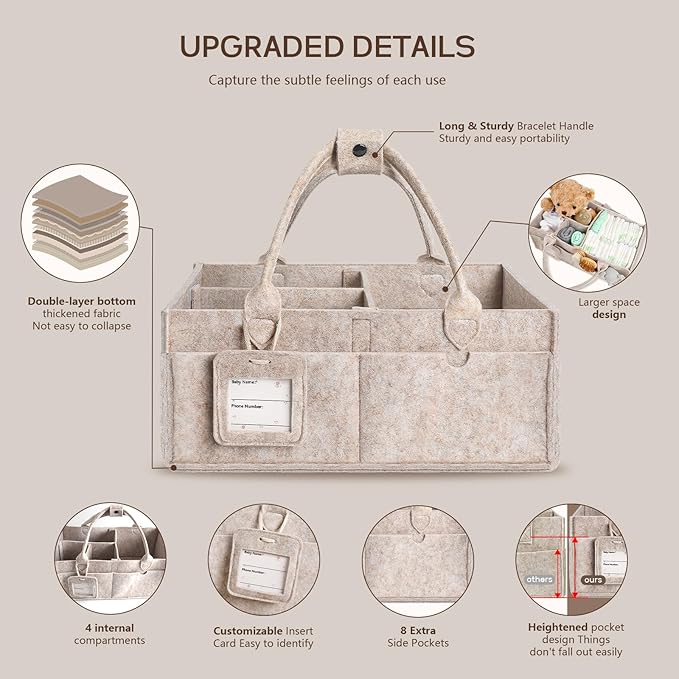 GEMII Diaper Caddy Organizer - Large Baby Caddy Organizer with Handle for Newborn Essentials Boy or Girl (Oatmeal, Large)