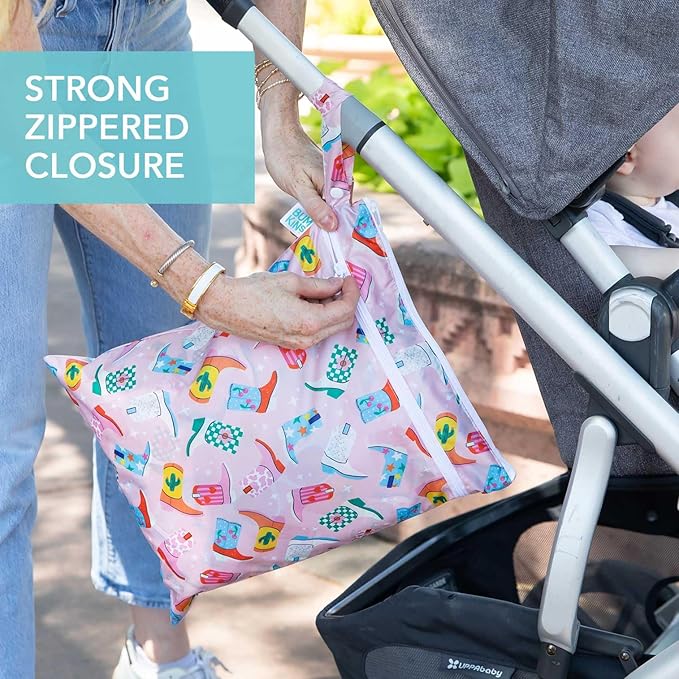 Bumkins Waterproof Wet Dry Bag for Baby, Travel, Swim Suit, Cloth Diaper, Pump Parts, Pool, Beach, Gym Clothes, Toiletry, Hook to Stroller, Daycare, Zipper Reusable Wetdry Packing Pouch, Cowgirl Boots