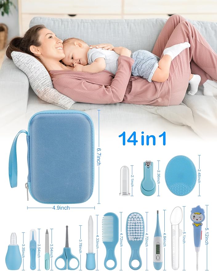 OTTOLIVES Baby Healthcare and Grooming Kit, 15 in 1 Baby Shower Gifts with Nail File, Hair Brush Comb, Toothbrush, Nasal Aspirator, Baby Essentials Kit for Newborn Infant Girls Boys (Blue)