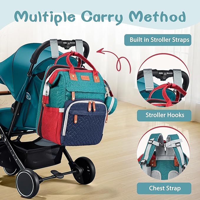 JOYCE Diaper Bag, with Diaper Changing Station, Multi-functional Large-capacity Diaper Bag Backpack, Best Gift for Newborns, Travel Essentials Diaper Bag Backpack (Blue-Green)