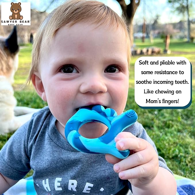 I Love You Silicone Hand Teether, Teethers for Babies 3-6 Months, Soft Teething Toys 6-12 Months bpa Free, Massaging Teething Relief (Blue)