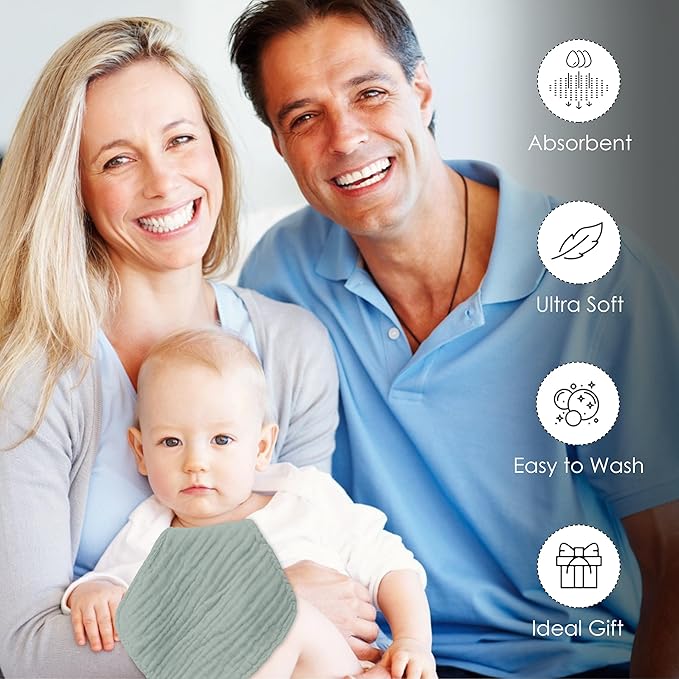 Baby Washcloths -100% Cotton Muslin Soft Baby Bath Wash Cloths and Absorbent Baby Wipes for Newborns Kids Girls and Boys - 12 Pack, 12x12 Inches - Green