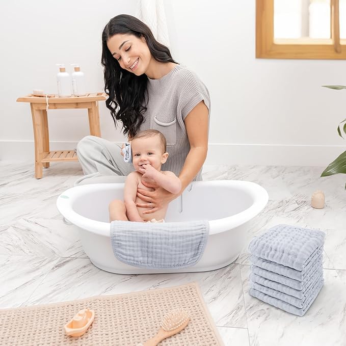 Comfy Cubs Muslin Baby Washcloths 10 Pack - Soft 6-Layer Cotton Wash Cloths for Sensitive Skin - 10"x10" Large, Gentle, Absorbent Infant Essentials for Newborn and Toddlers - Slate