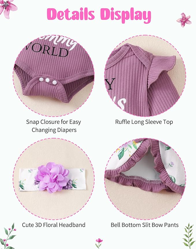 SUNNY PIGGY Newborn Baby Girl Clothes Infant Outfits Romper Floral Fall Outfit Bell Bottoms Pant Sets Hat Headband Flowerpant