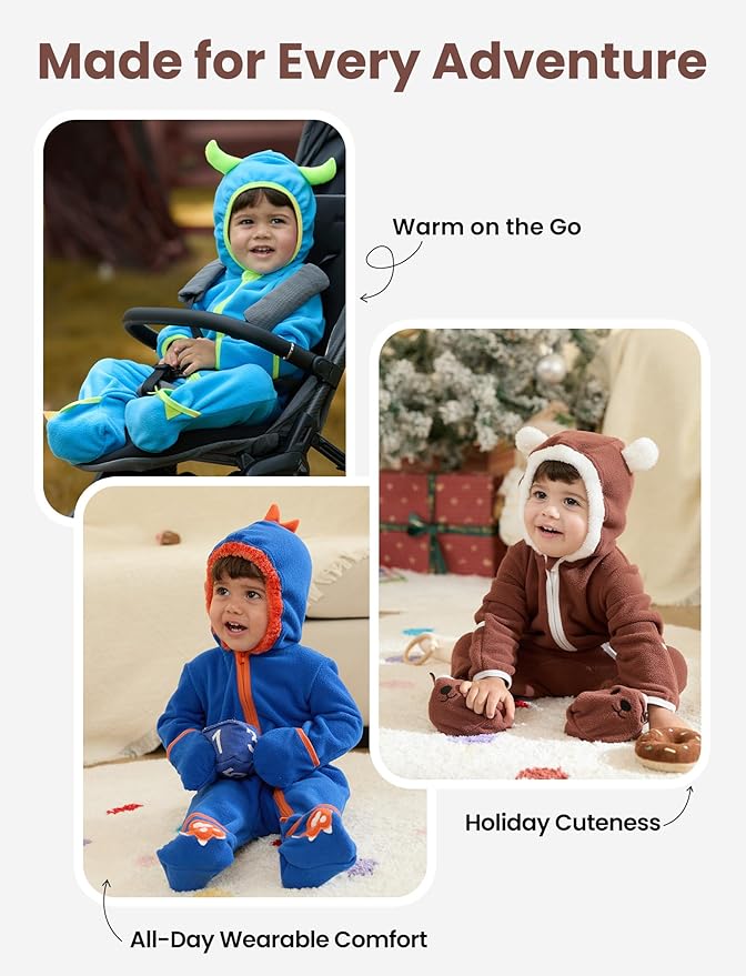 PATPAT Fleece Hooded Footed Romper Clothes, Soft Warm Footie Covers, Car Seat Friendly, Easy Zip, Cute Boy Girl