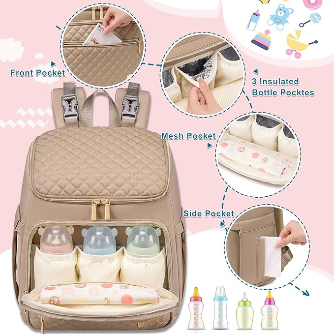 Weitars Diaper Bag Backpack Large Baby Diaper Bag with Changing Pad Travel Diaper Backpack,Baby Bag for Boys Girls,Stroller Straps,5 Insulated Pockets (Khaki)