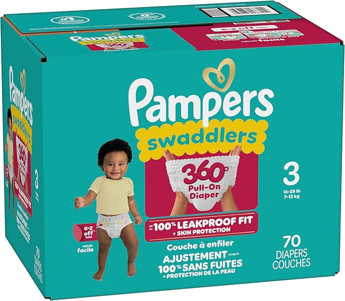 Pampers Diapers - Swaddlers 360° - Size 3, 70 Count, up to 100% Leakproof Comfy Dry Fit, Designed for Easy Changes, Pull On Baby Diaper (Packaging May Vary)