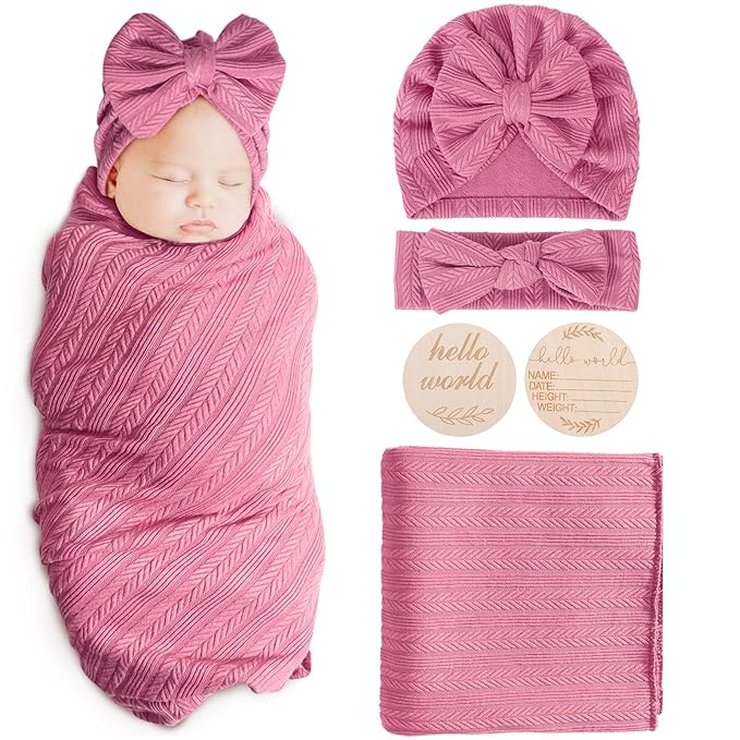 Newborn Receiving Blanket with Bow Hat Headband Wooden Card Set Wheat-Pattern Newborns Toddler Baby Boy Girl Nursery Swaddle Wrap