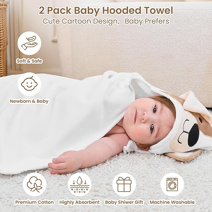 Mooreeke 2 Pack Toddler Towels - 100% Cotton Toddler Hooded Towels - Soft Baby Bath Towel with Hood for Newborn - Comfort Towel for Baby Girls and Boys - Animal Shaped (Puppy & Fox)