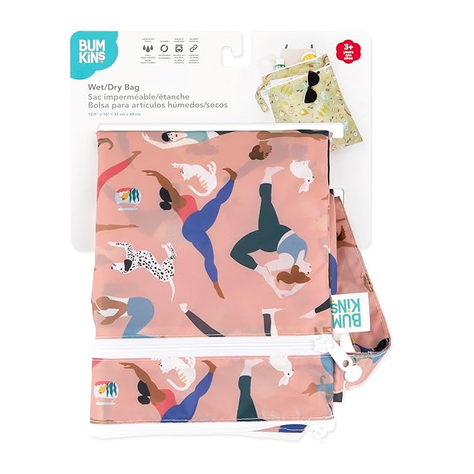 Bumkins Waterproof Wet Dry Bag for Baby, Travel, Swim Suit, Cloth Diapers, Pump Parts, Pool, Beach, Gym Clothes, Toiletry, Hook to Stroller, Daycare, Zipper Reusable Wetdry Packing Pouch, Yoga Pals