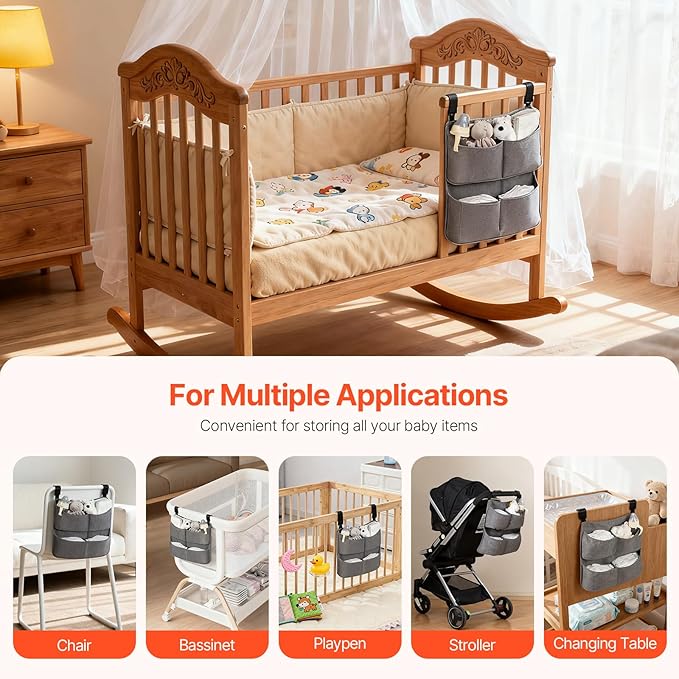 Hanging Diaper Organizer for Crib – Large Capacity Diaper Caddy Holder with 4 Deep Pockets, Diaper Bag Organizer for Changing Table,Bassinet, Stroller,Playpen accessories