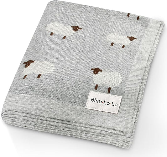 Knit Baby Swaddle Blanket - 100% Cotton Soft Cozy Lightweight Unisex Receiving Swaddling Stroller Quilt Blanket for Shower Gift Registry for Newborns Infants & Toddlers (Sheep - Grey)