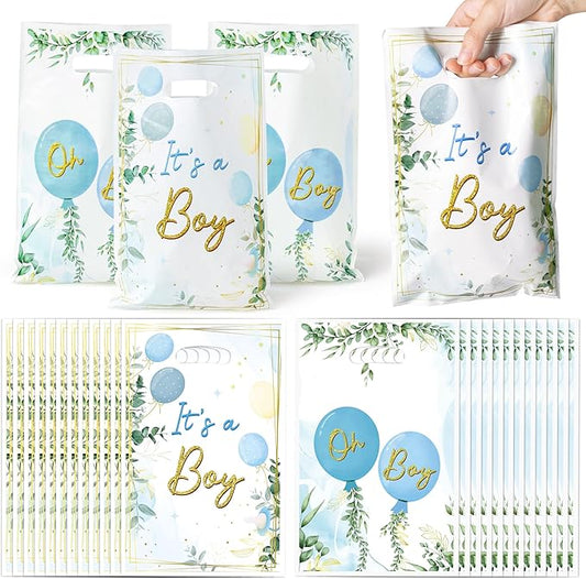 Baby Shower Party Favor Bags - 50Pcs Watercolor Blue Greenery Sweet Goody Candy Treat Gifts Bags, It's a Boy Themed Party Decorations for Baby Boys Birthday Gender Reveal Events Supplies