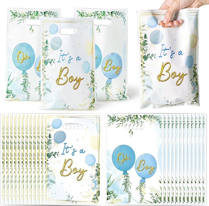 Baby Shower Party Favor Bags - 50Pcs Watercolor Blue Greenery Sweet Goody Candy Treat Gifts Bags, It's a Boy Themed Party Decorations for Baby Boys Birthday Gender Reveal Events Supplies