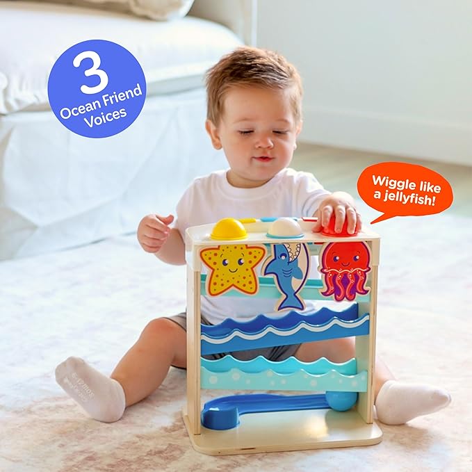 Move2Play, Wooden Ocean Friends, Interactive Toy for 1+ Year Olds, 6 to 12 Months, Baby Toy, 1 Year Old Birthday Gift for Girls, 9-12 Months, 6 7 8 9 10 12+ Months