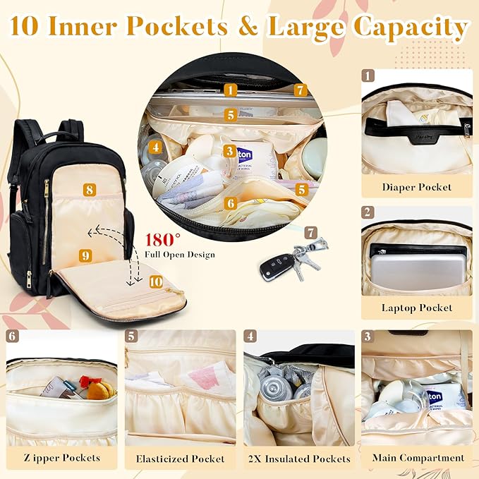 miss fong Diaper Backpack - Mommy & Dad Diaper Bag with Dispenser, 16 Pockets, Large Capacity, Travel & Baby Shower Gifts - Dark Black