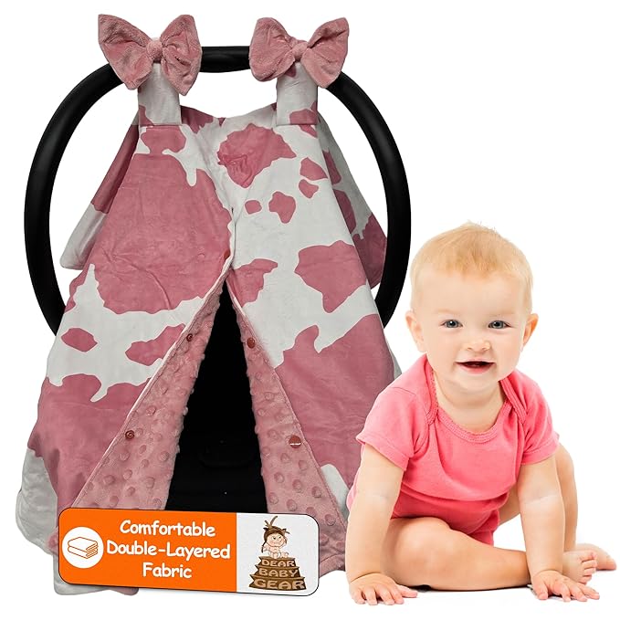 Dear Baby Gear - Car Seat Canopy, Infant Carrier Cover for Boys & Girls, Cozy Fall Baby Shower Gift, Nursing & Stroller Use, Newborn Travel Sunshade, Rose Pink Holstein Cowhide, Rose Pink Minky Dot