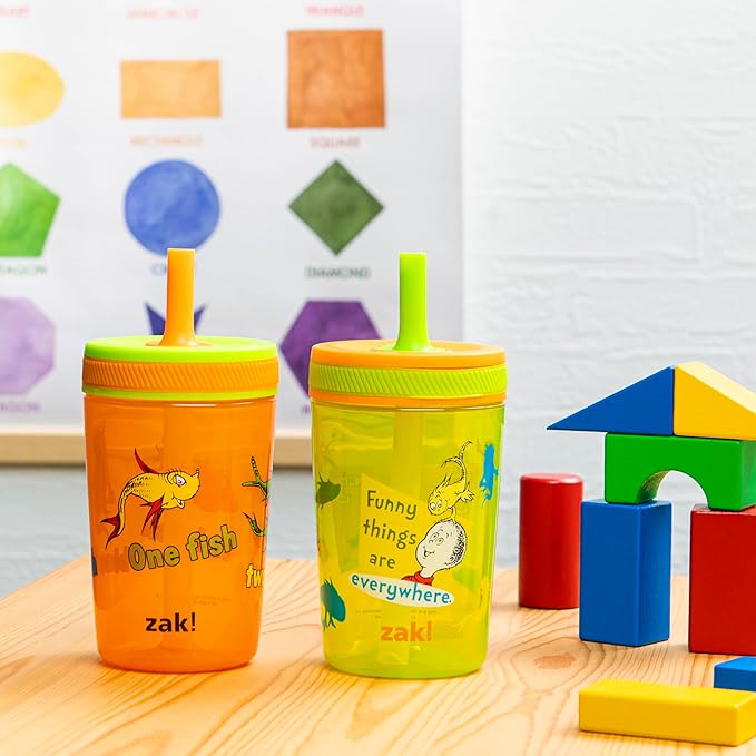 Zak Designs Dr. Seuss Kelso Toddler Cups For Travel or At Home, 15oz 2-Pack Durable Plastic Sippy Cups With Leak-Proof Design is Perfect for Kids (One Fish, Two Fish, Red Fish, Blue Fish)