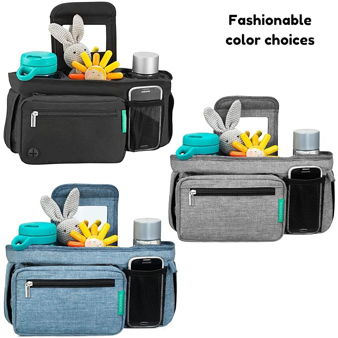 Swanoo Stroller Caddy Organizer With Cup Holder, Non Slip Straps Bag for Phone, Pet Stroller Accessories, Universal Fits Uppababby Vista v2 Wonderfold Wagon, Doona and More