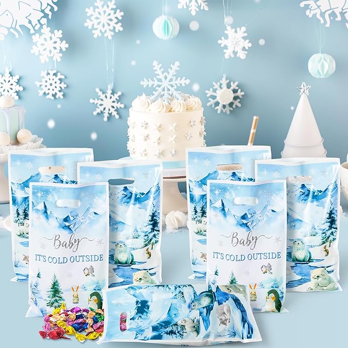Winter Animals Party Favor Bags - 50Pcs Watercolor Polar Animals Goody Candy Treat Gifts Bags, Penguin Polar Bear Themed Party Decorations for Kids Birthday Baby Shower Winter Theme Events Supplies