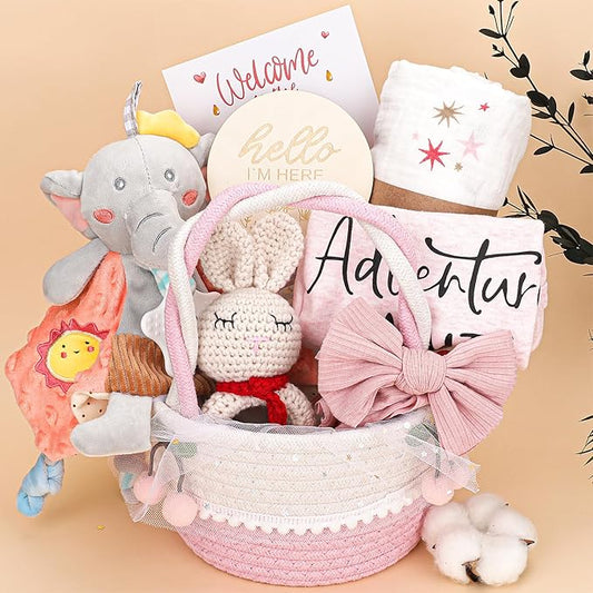 Baby Girl Gifts Basket,Baby Shower Gifts for Girls,New Born Baby Girls Gift,Baby Girl Gift Basket,Gender Reveal Gifts,Unique Baby Gift Essential Stuff,Rattle Swaddle Blanket Baby Girl Gifts