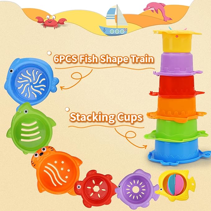 Baby Bath Toys for Kids Ages 1-3,13 Pcs Bathtub Toys for Babies 6-12-18 Months, Mold Free Bath Toys Toddlers 2-4 Years Old,Stacking Cups & Watering Can,Water Table Toys for Infants Boys Girls 1 2 3 4