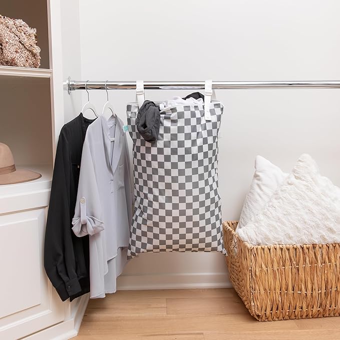 Bumkins Waterproof Hanging Wet Bag Large for Baby, Laundry, Dirty Clothes, Travel, Swim Suit, Cloth Diapers, Pool, Towels, Daycare, Beach, Zip Reusable Bag, Wetdry Vacation Packing, XL Gray Check