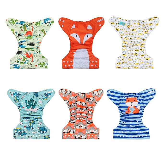 ALVABABY 6 Pack Cloth Diaper with 12 Inserts One Size Adjustable Washable Reusable Diaper Cover for Baby Girls and Boys