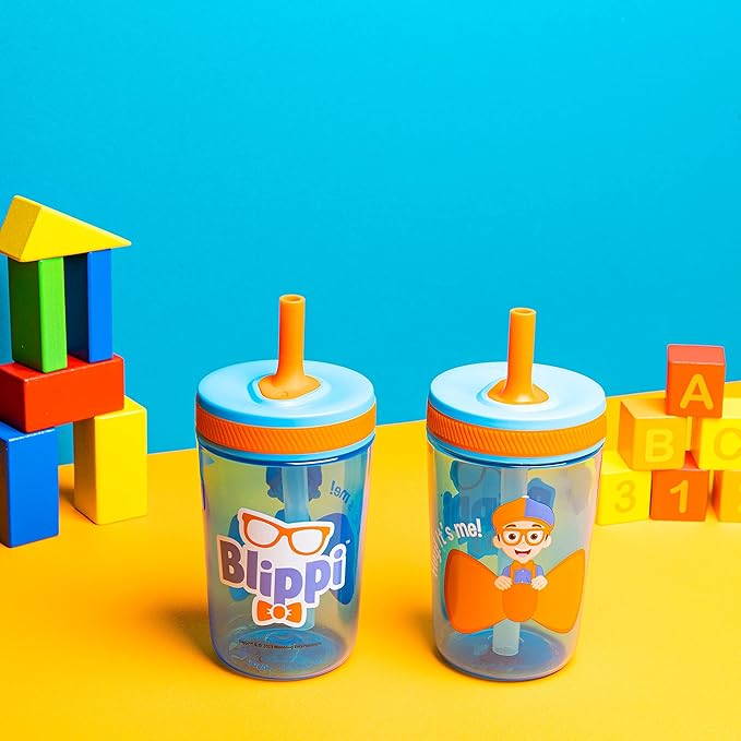 Zak Designs Blippi Kelso Toddler Cups For Travel or At Home, 15oz 2-Pack Durable Plastic Sippy Cups With Leak-Proof Design is Perfect For Kids (Blippi)