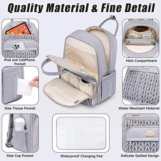 Diaper Bag Backpack,Stylish Baby Diaper Bag,Waterproof Travel Diaper Backpacks Baby Bags with Changing Pad,Stroller Straps,Insulated Pockets (Gray)