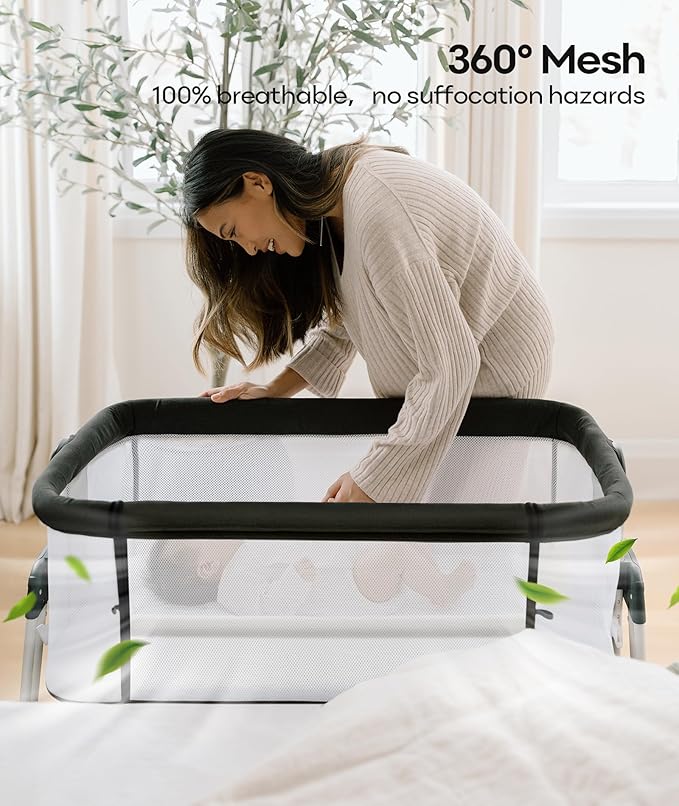 Fodoss Baby Bassinet Bedside Sleeper with Wheels and Storage Tray,4-Sided Mesh Bedside Bassinet for Infant/Newborn,7 Height Adjustable Easy Folding Bedside Crib