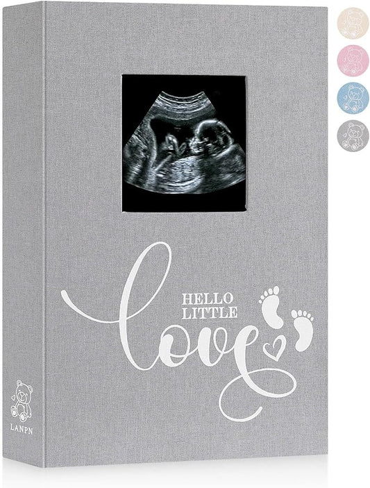 Lanpn Baby Photo Album 4x6 300 Pockets, Linen Cover Ultrasound Album with Memo Writing Area, Bebe Sonogram Photobook, Slip-in Picture Book, Newborn Memory Book Keepsake Gifts for Boy Baby Shower Grey