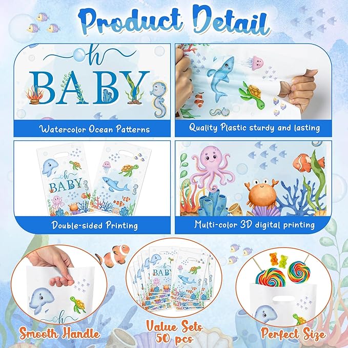 Summer Ocean Party Favor Bags - 50Pcs Sea Ocean Animals Goody Candy Treat Gifts Bags, Watercolor Under the Sea Themed Party Decorations for Kids Boys Girls Birthday Baby Shower Supplies