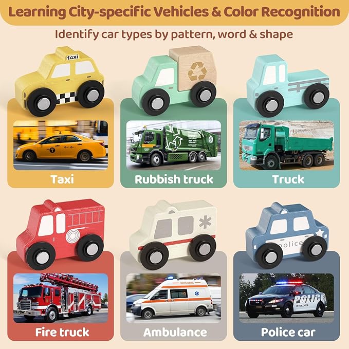 Wooden Toddler Puzzles,Montessori Puzzle for Toddlers 1-3,Montessori Toys for 1 2 3 Years Old Boys Girls Educational Toys with 6 Emergency and City Vehicles,Wooden Toy Cars for Toddler 1-3