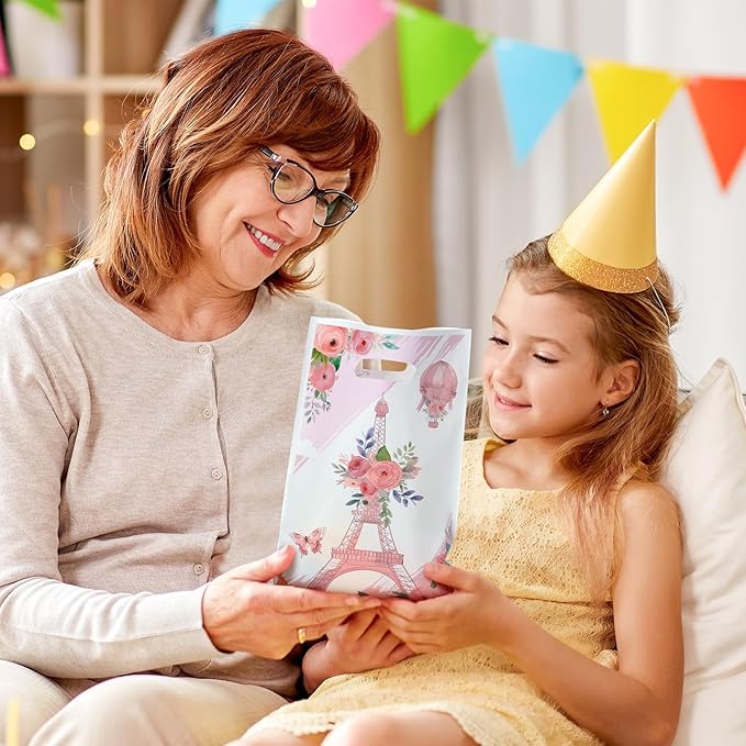 Paris Party Favor Bags 50Pcs Pink Floral Paris Goody Candy Treat Gifts Bags, City Landscape Themed Party Decorations for Kids Girls Women Birthday Wedding Pink Theme Events Supplies