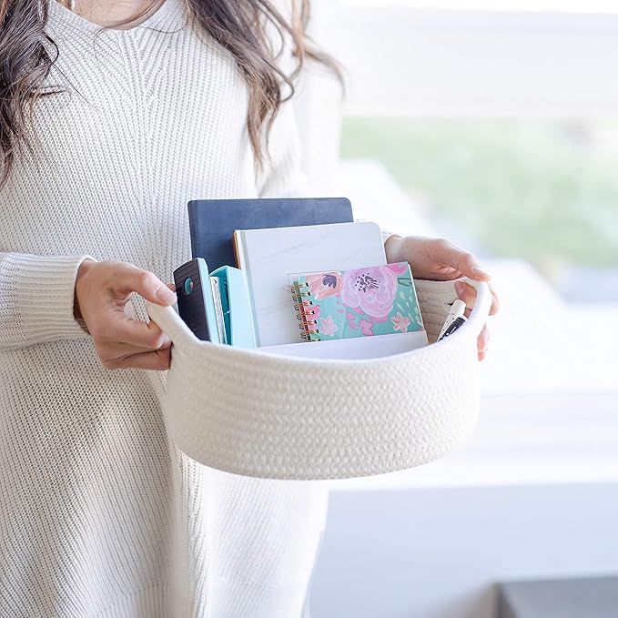 NaturalCozy 3-Piece Oval Storage Basket Set– Soft Natural Rope Woven Baskets for Storage Shelf, Toy, Nursery, Gift, Baby Shower, Pets Cat Dog Bins, Kitchen | Small Basket for Organizing (Off White)