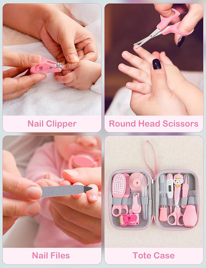 OTTOLIVES Baby Healthcare and Grooming Kit, 15 in 1 Baby Shower Gifts with Nail File, Hair Brush Comb, Toothbrush, Nasal Aspirator, Baby Essentials Kit for Newborn Infant Girls Boys (Pink)