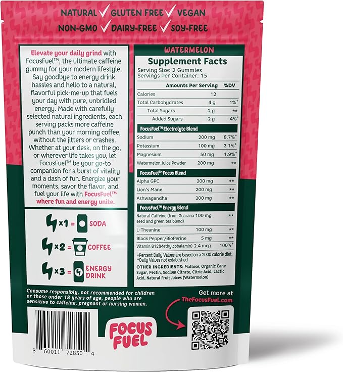 Energy Chews – Watermelon Flavor (15 Servings) – 100mg Caffeine + L-Theanine + B12, Magnesium – All-Natural Energy Boost – No Crash or Jitters