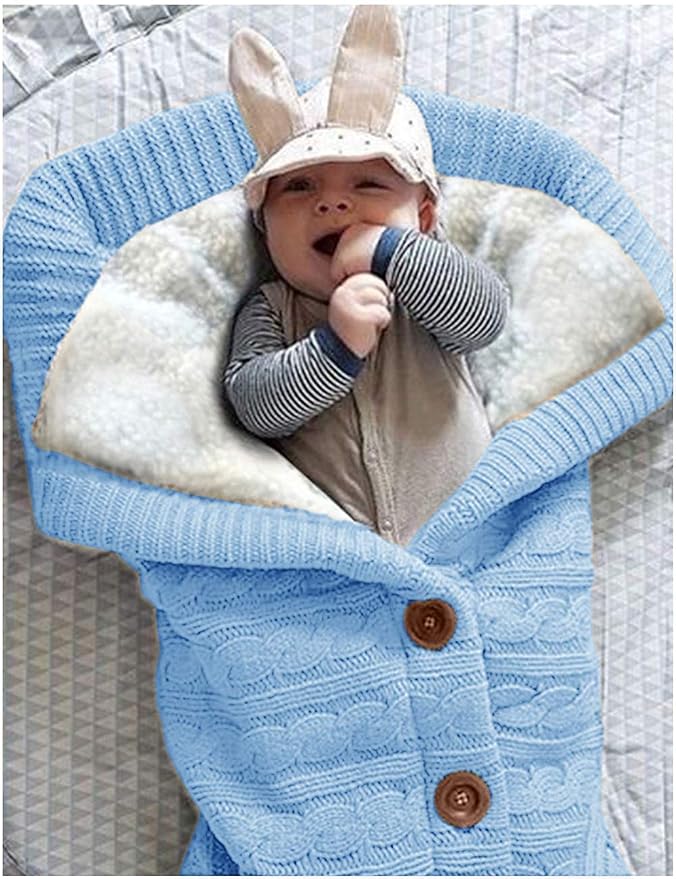 XMWEALTHY Unisex Infant Swaddle Blankets Soft Thick Fleece Knit Baby Girls Boys Stroller Wraps (Light Blue)