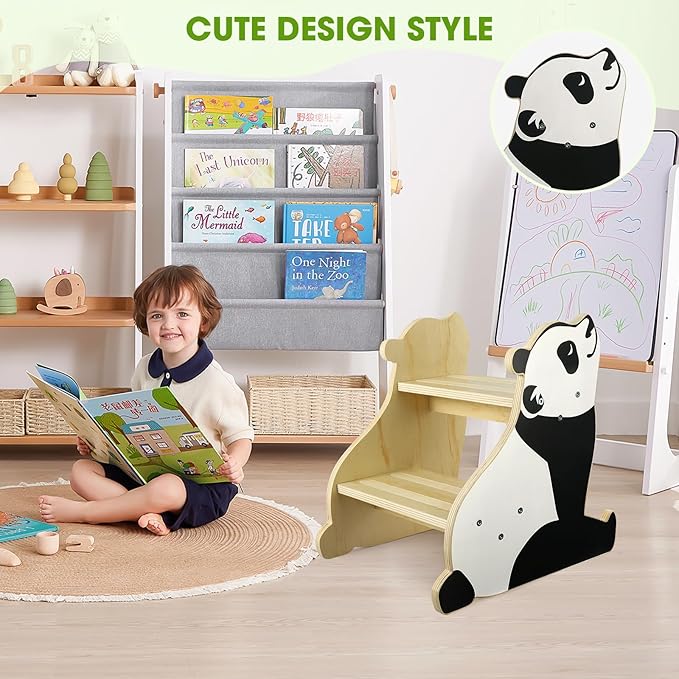 Toddler Step Stool, 2-Step Wooden Step Stool for Toddlers with Non-Slip Base, Cute Printed Design Potty Training Stool for Bathroom Sink, Kitchen & Bedroom (Panda)