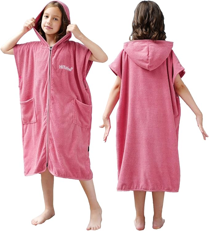 Hiturbo Kids Bath Towel Hoodie: Absorbent Quick Dry Zipper Surf Poncho - Changing Towels Swimming Outerwear (Pink)