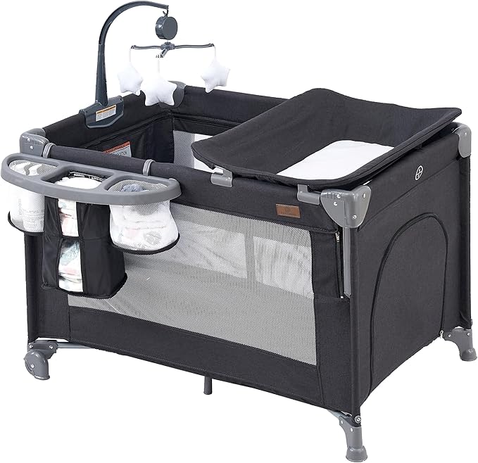 5 in 1 Baby Bedside Sleeper,Baby Pack and Play with Bassinet & Mattress,Portable Bedside Crib with Storage, Playard with Bassinet from Newborn to Toddlers(Dark Grey) (Light Gray)