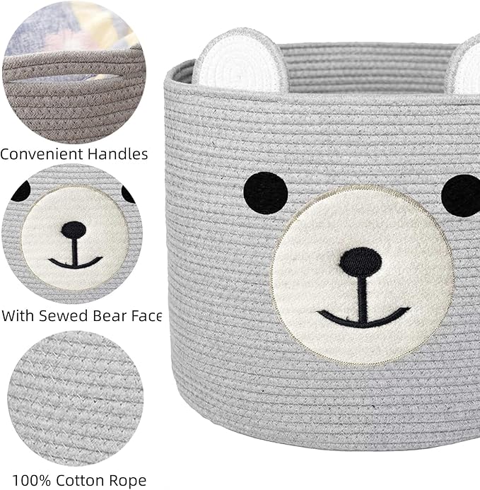Bear Laundry Baskets Laundry Hamper Storage Baskets with Handles,Decorative Basket for Living room,Woven Storage Basket for Toys Bin Pillows Blankets Clothes (Grey - Version 2)