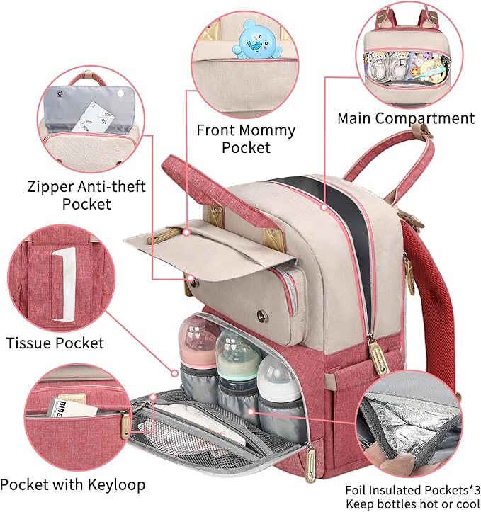 Diaper Bag Backpack, Baby Girl Diaper Bag, Large Diaper Bag Backpack Gift for Girls, Baby Diper Backpack for Travel with Insulated Pockets and Stroller Straps