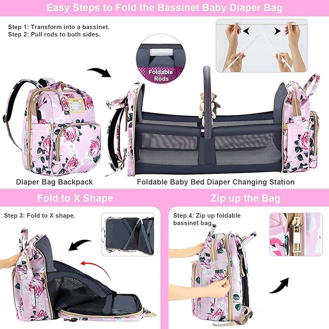 Diaper Bag Backpack with Changing Station, Foldable for Bady Toddler, 3 in 1 Large Capacity Newborn Essentials Organizer with Stroller Hook for Girls and Boys(Pink)
