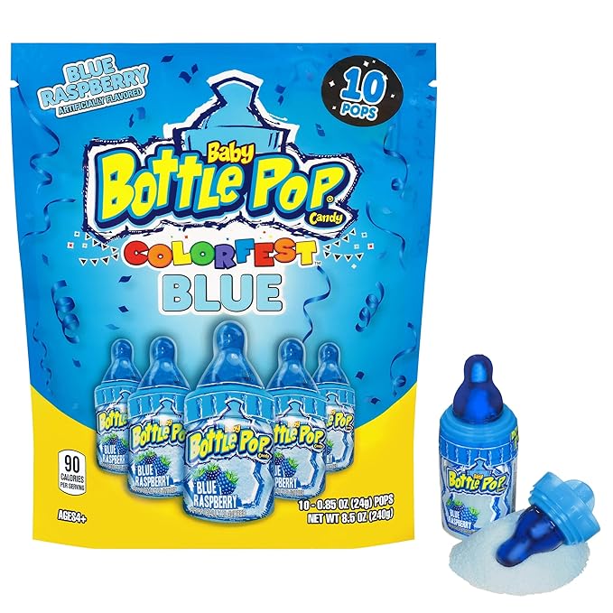 Baby Bottle Pop Candy Blue Lollipops, 10 Ct Bulk Lollipops with Dipping Powder in Blue Raspberry Flavor, Full Size, Individually Wrapped Hard Candy For Gender Reveal, Baby Showers & Goodie Bags