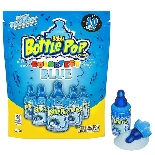 Baby Bottle Pop Candy Blue Lollipops, 10 Ct Bulk Lollipops with Dipping Powder in Blue Raspberry Flavor, Full Size, Individually Wrapped Hard Candy For Gender Reveal, Baby Showers & Goodie Bags